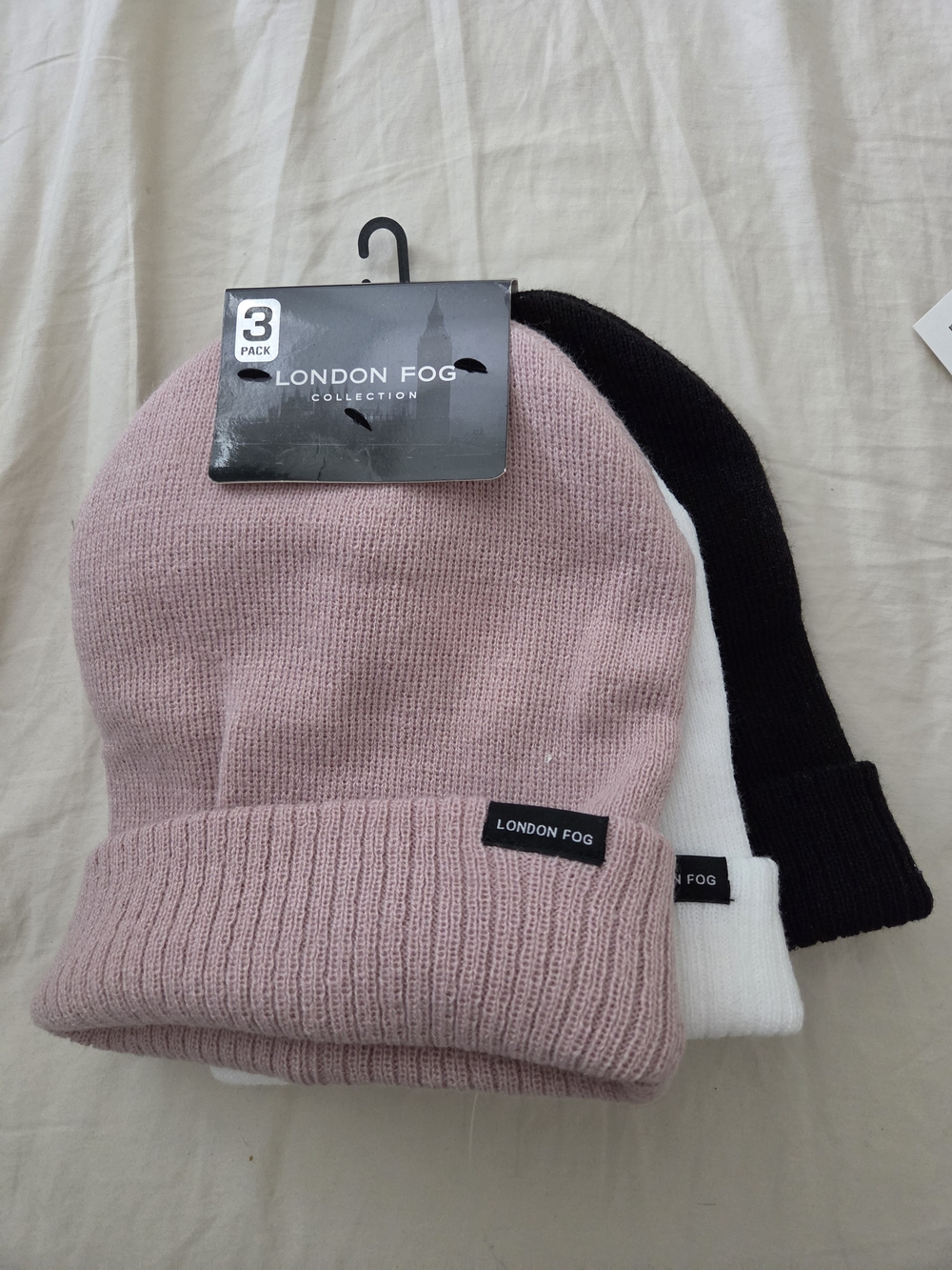 London Fog Knit Beanie 3-Pack in Pink, White & Black